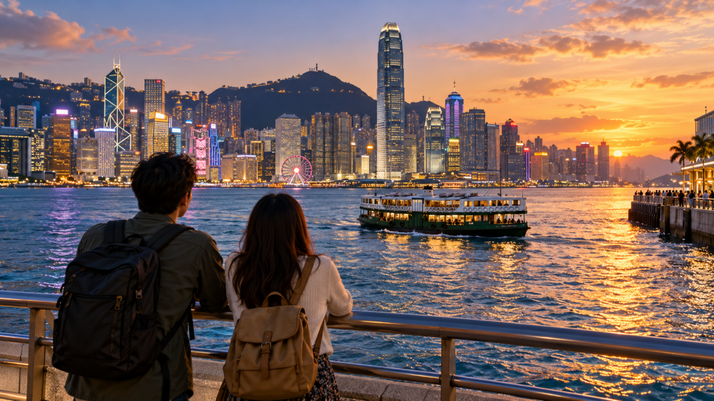 旅客在维多利亚港欣赏日落与天星小轮